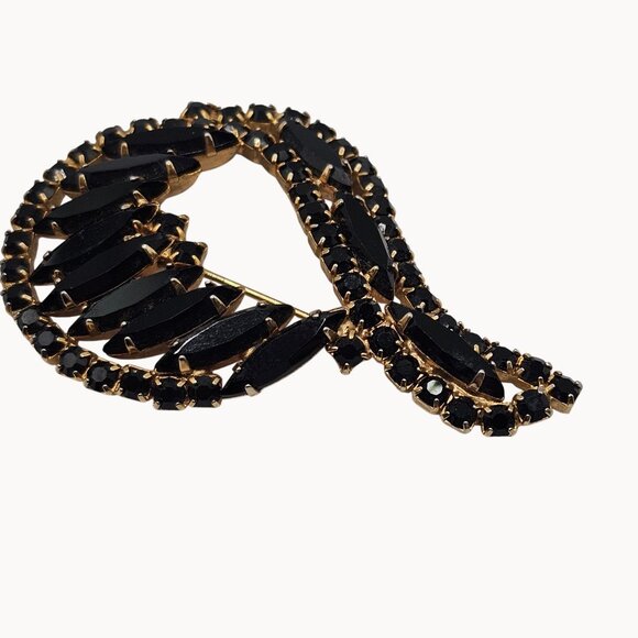 Gold Tone Black Navette Brooch Prong Set Rhinestone Unsigned Swirl Pin Fashion - Picture 4 of 14